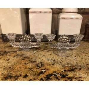 Pair Of Fostoria Stacked Cube Crystal Double Candle Holders