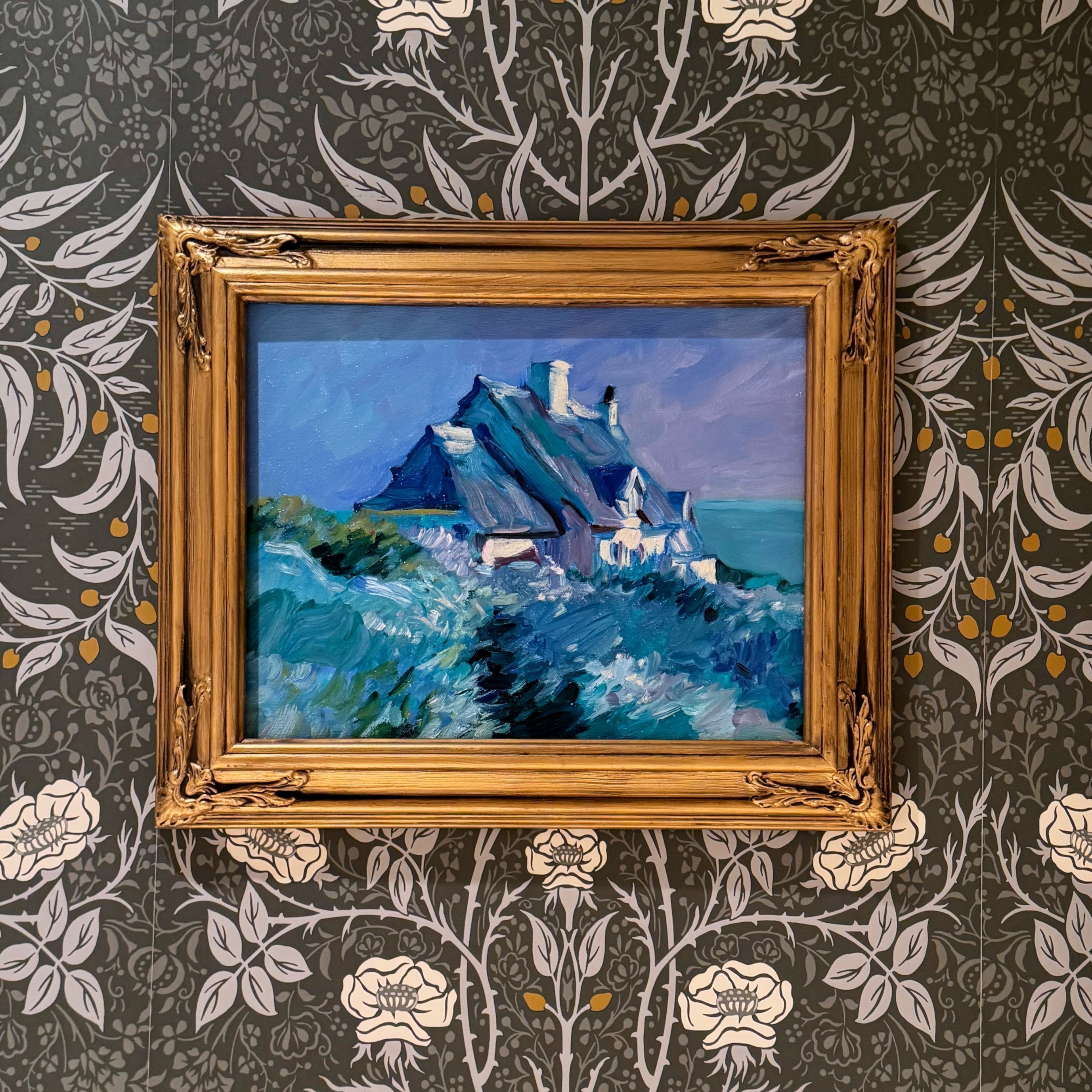 "Seaside Cottage" Original Impressionist Oil Painting on Canvas Board Gold Frame