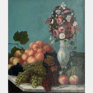 Antique Still Life with Peaches, Grapes & Floral Arrangement, 22x27"