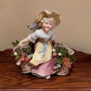 Antique German Bisque Porcelain Figurine Girl with Fruit Baskets Double Spill Vase 10"