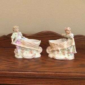 Pair Of German Bisque Figurines - Boy And Girl With Wheelbarrows 