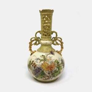 Antique Austrian Art Nouveau Amphora Vase – 8.5" Reticulated Neck & Gilt Handles