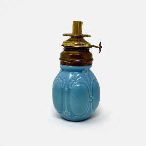 Antique EAPG Light Blue Milk Glass Miniature Oil Lamp Brass Burner