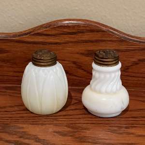 Antique EAPG Opaque White "Swirl & Bulge" and "Tulip" Shakers
