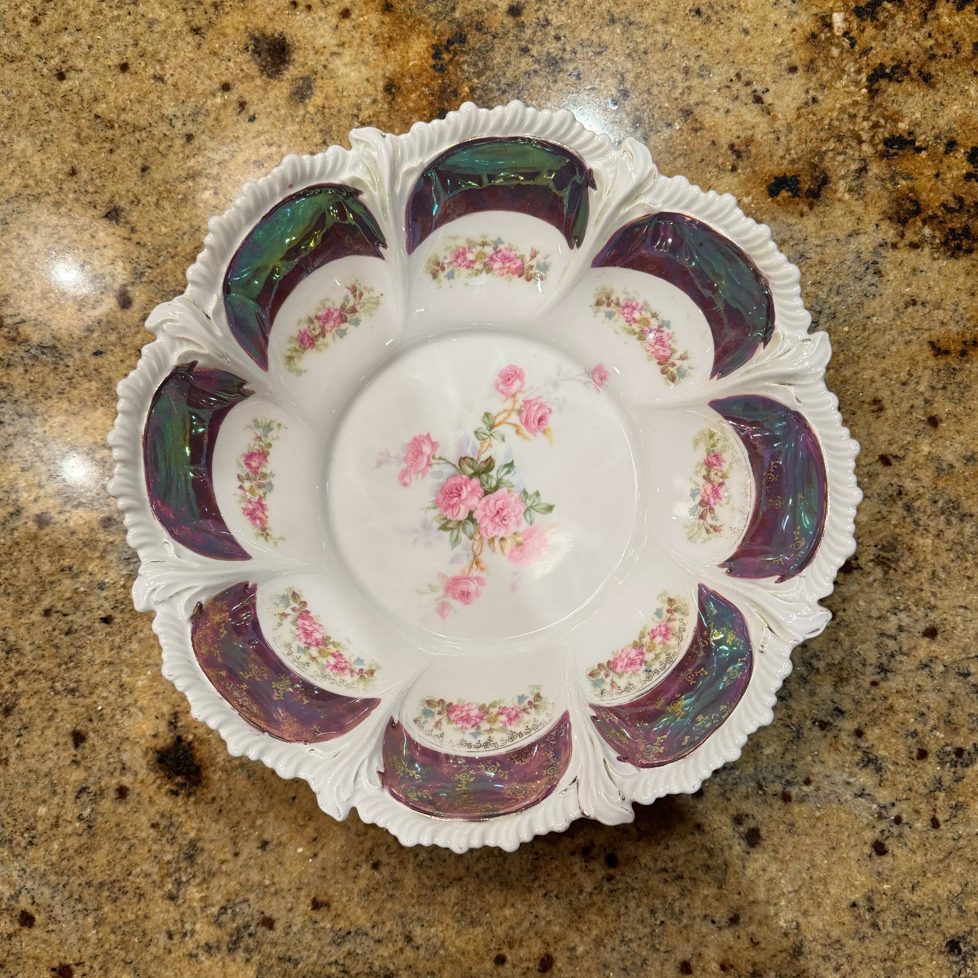 Antique RS Prussia Porcelain Bowl Iridescent Luster Pink Roses Scalloped Edge