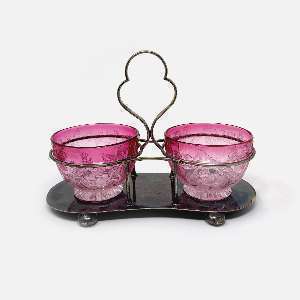 Antique Victorian Cranberry Glass Jam Jars in Silverplate Holder