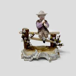 Sitzendorf Figurine Spill Vase Young Boy Playing Flute on Fence