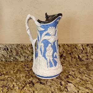 Antique 1850's T.J. & J. Mayer "Paul & Virginia" Blue & White Parian Pitcher - 10"
