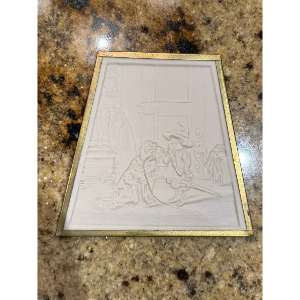 Ceramic Lithophane Plaque Backlit Scene Boy and Dog 4.75" x 5.5"