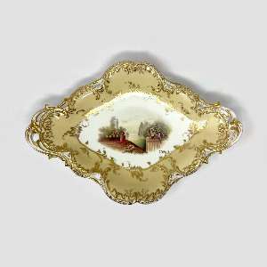 Antique Victorian Yellow & Gold Porcelain Serving Dish Platter Pierced Handles 12"