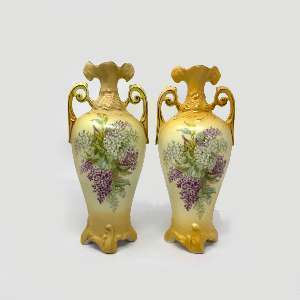 Robert Hanke Antique Vases, Pair, Austria, Stamped RH,Yellow, Flowers, 10