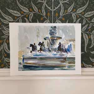Original Watercolor Painting - Impressionist Fountain with Galloping Horses