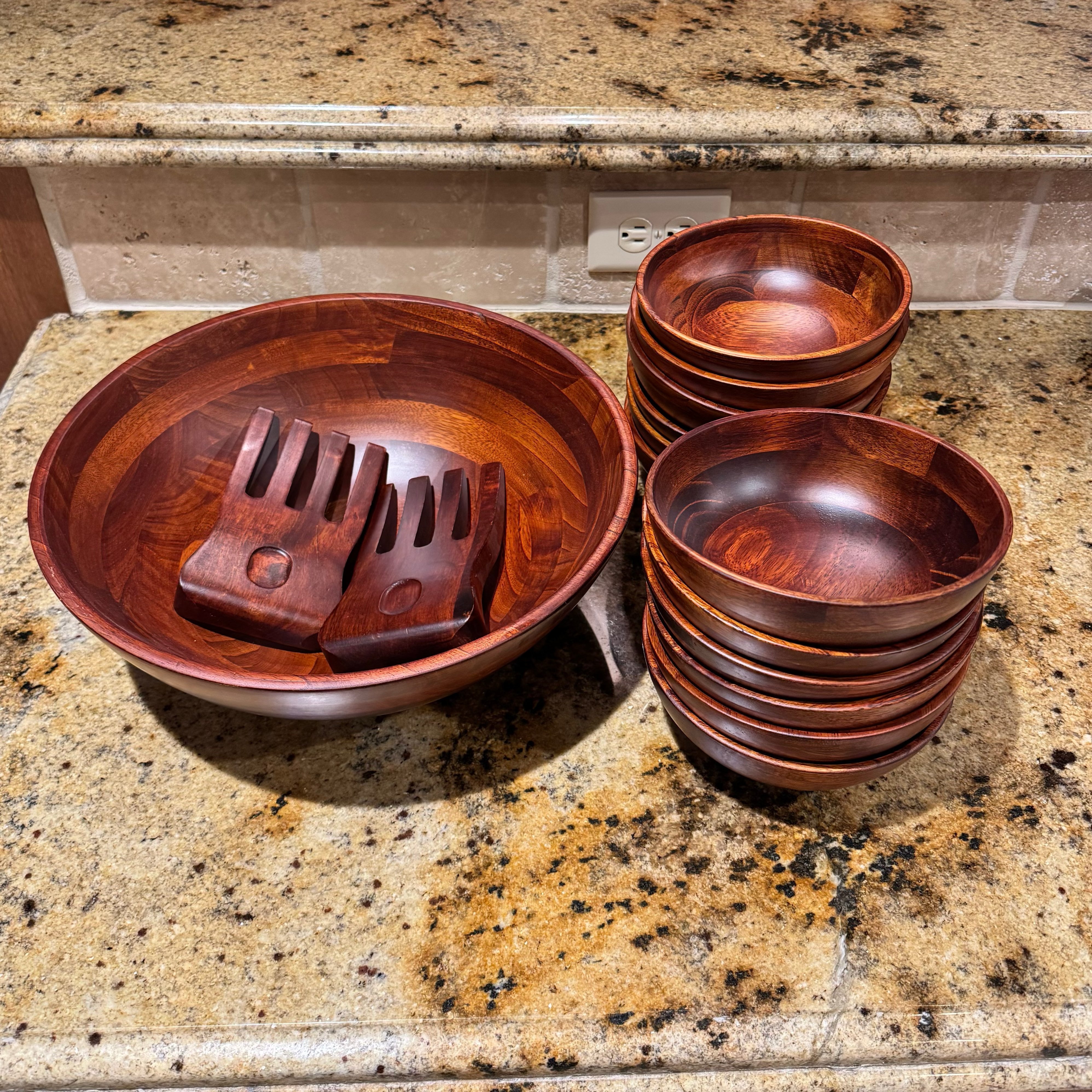 Large Wood Salad Bowl with Servers and 12 Salad Bowls