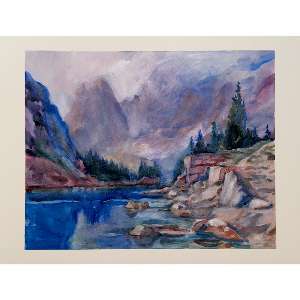 Original Mountain Lake Watercolor Painting - Impressionist Alpine Landscape