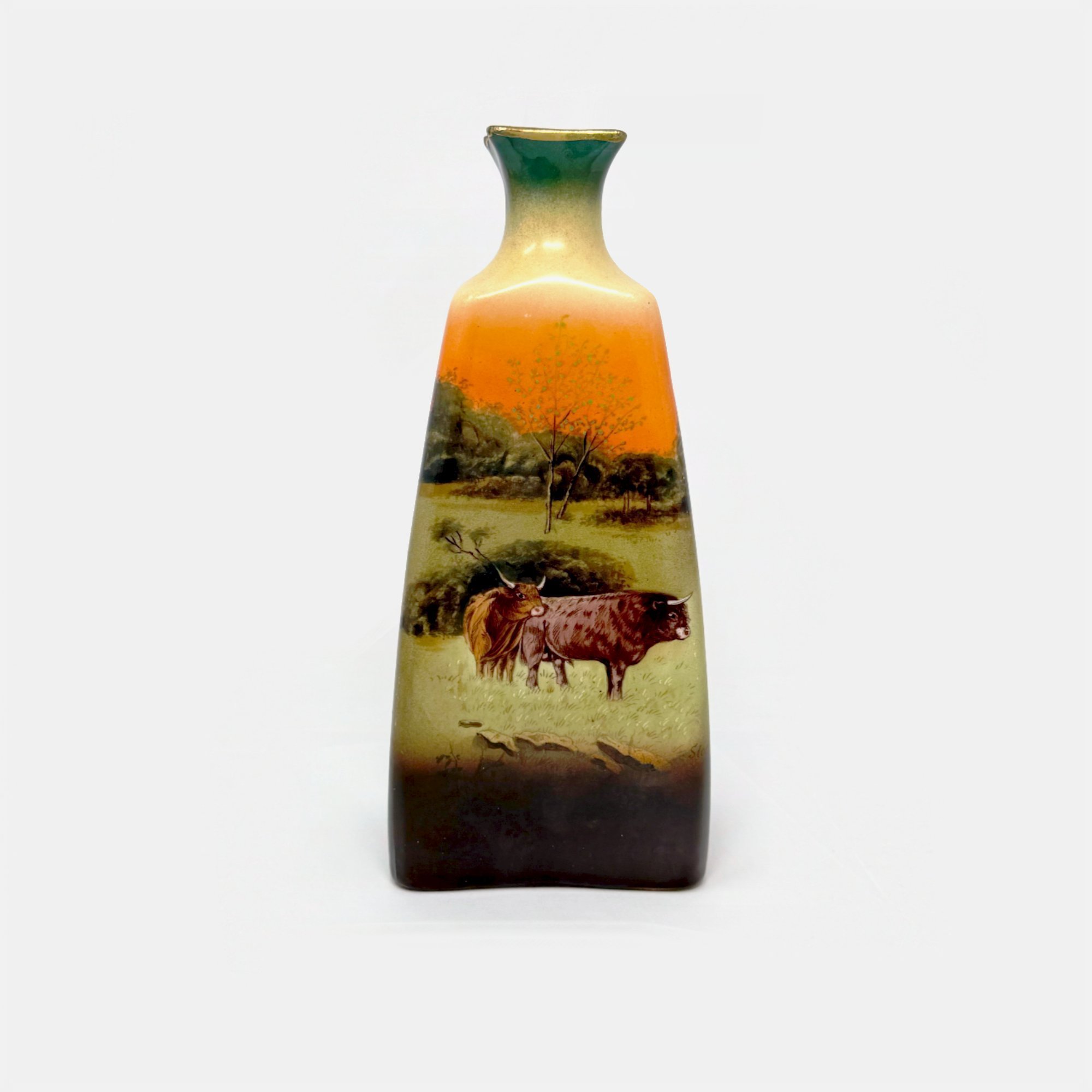 Vintage Robert Hanke RH Austria Pottery Vase Cattle Landscape Scenic Sunset