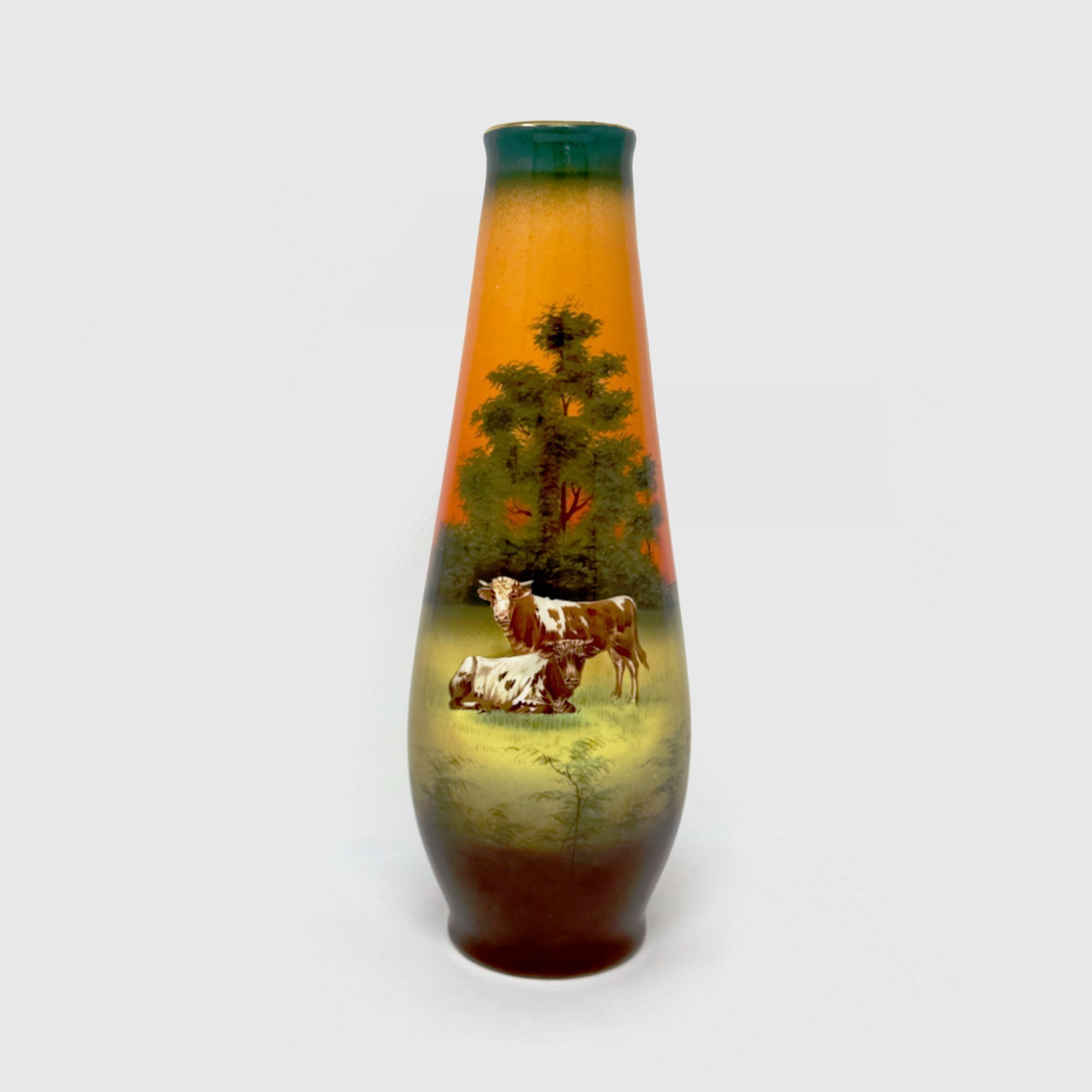 Vintage RH Austria Pottery Vase Signed Hall Scenic Cattle Sunset c. 1890-1914