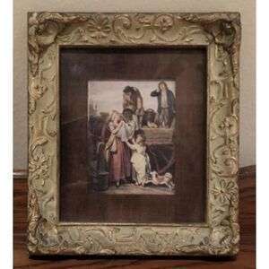 Antique Ornate Frame Print Harvest Woman Child Carriage