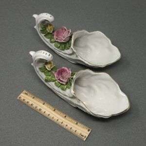 Pair Of Dresden Porcelain Cornucopia Vases With Applied Pink Roses