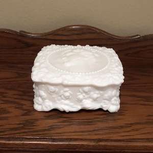 Fostoria Jenny Lind Milk Glass Cameo Jewelry Box