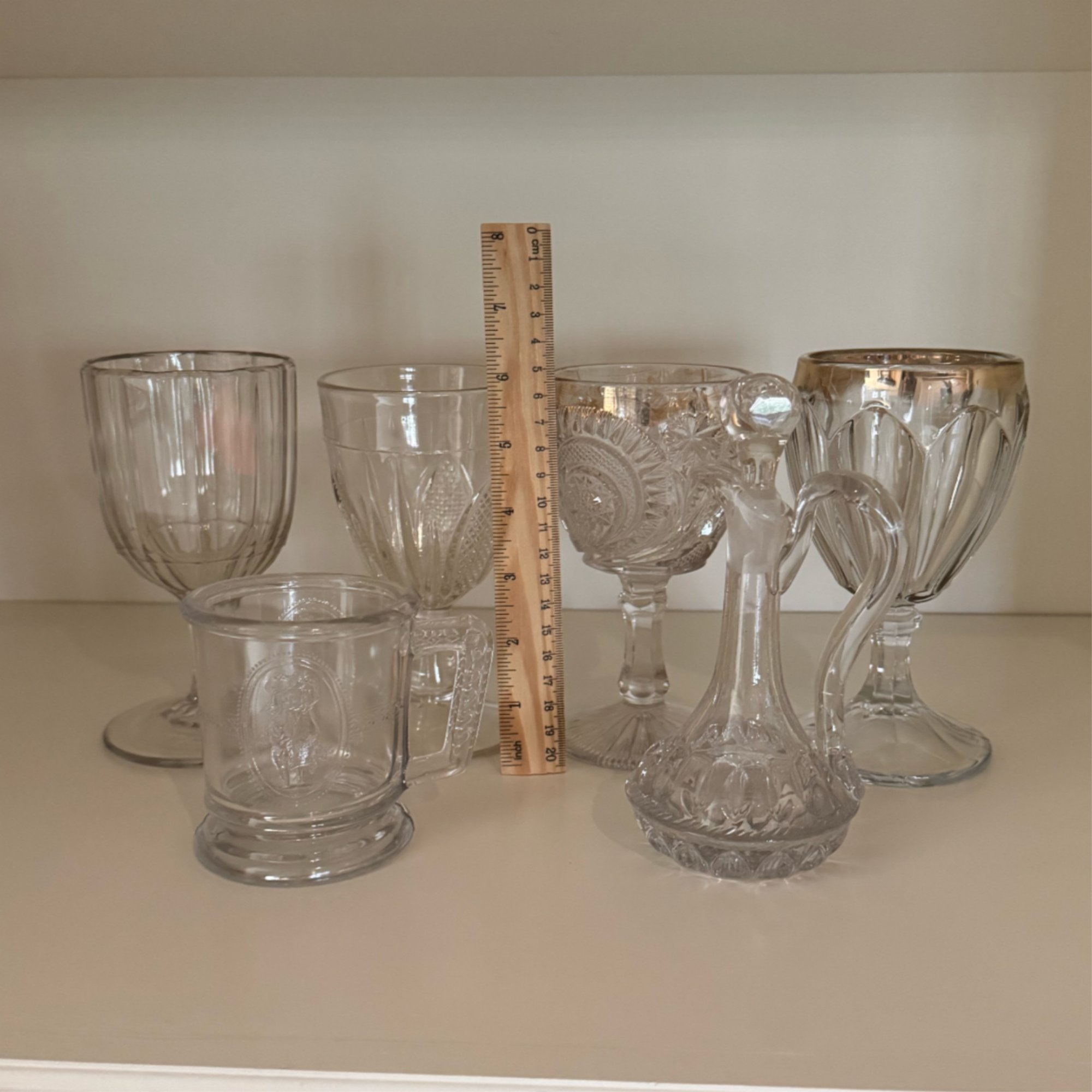 Antique EAPG Glass Collection Lot of 6 – Goblets, Mug, & Stoppered Cruet – 100+ Yrs