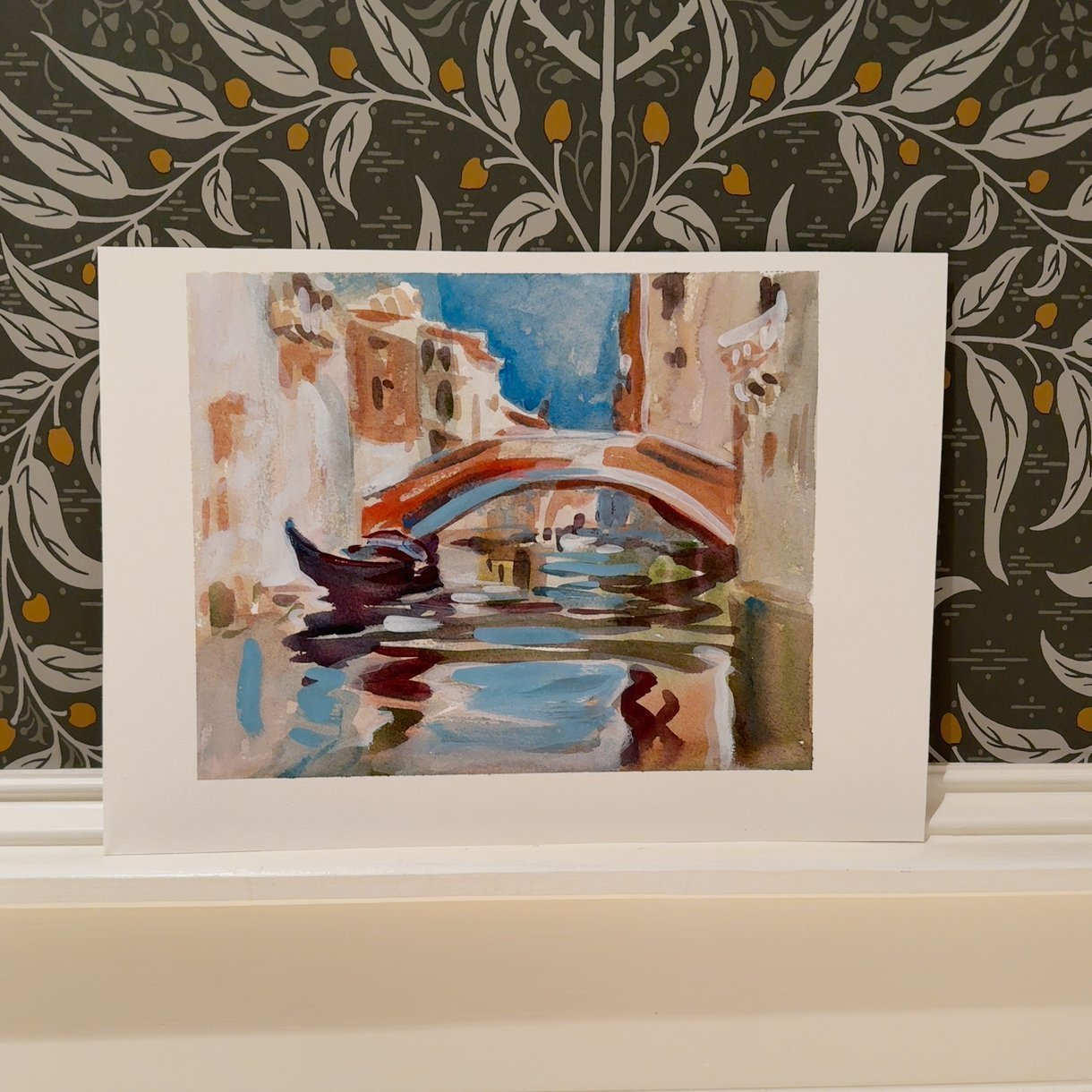 Original Venetian Canal Watercolor Painting – Impressionist Gondola & Bridge