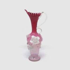 Antique Victorian Stevens & Williams Opalescent Pink Glass Ewer With Flowers